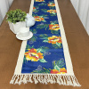 Caminho de Mesa em Tear e Chita com Franja 1.60m Azul Marinho C/Flores Laranja