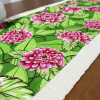 Caminho de Mesa em Tear e Chita com Franja 1.60m Verde C/Flores Rosa 1