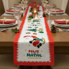 Caminho de Mesa Natalino Vermelho em Tecido C/Bege Claro Enfeites 1.50m
