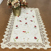 Caminho de Mesa Trilho Bordado Linho C/Guippir Bege Tulipas Vermelhas 90cm