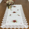 Caminho de Mesa Trilho Bordado Linho C/Guippir Branco C/ Flor Vermelha 90cm