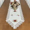 Caminho de Mesa Trilho Bordado Linho C/Guippir Branco C/Flor Vermelha 1.80m