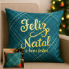 Capa de Almofada Natalina Dupla Face Xadrez Azul Boas Festas