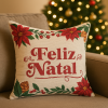 Capa de Almofada Natalina em Tear Feliz Natal Floral Vermelho