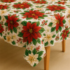 Toalha de Mesa Natalina em Cetim Estampa C/Floral Vermelho e Branco 1,40m x 2,10m