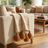 Xale em Tear Cru com Pompom em Bege 1,30m x 1,40m