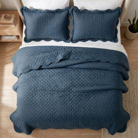 Cobre Leito Queen Percal 300 Fios Toque de Pluma Dupla Face Bold 03 Peças - Azul