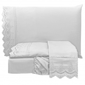 Jogo Cama Percal 300 Fios Bordado Inglês Lauren Casal 04 Peças - Branco