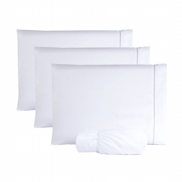 3 Jogos de lençol solteiro 2 peças percal 200 fios com ponto palito (fronha + lençol elasticado) - Branco