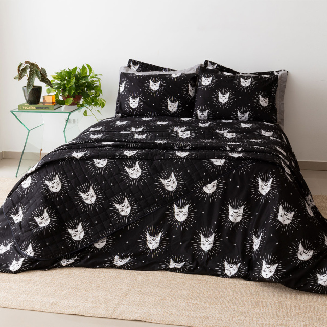 Cobre leito 200 Fios Casal Padrão 3 peças Jazz Estampado Gato Místico - Marina