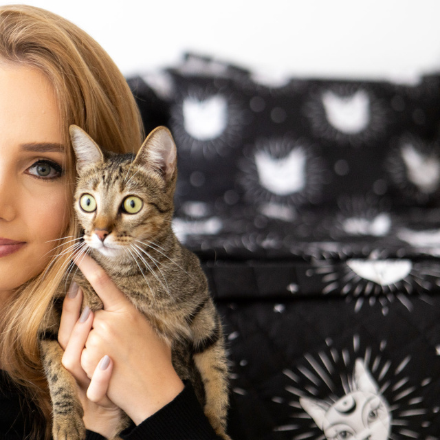 Cobre leito 200 Fios Casal Padrão 3 peças Jazz Estampado Gato Místico - Marina