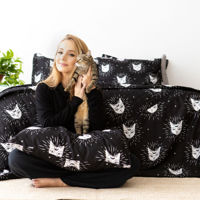 Cobre leito 200 Fios Estampado King 3 Peças Jazz Gato Místico - Marina