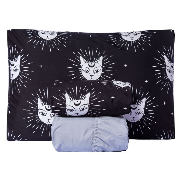 Cobre leito 200 Fios Solteiro 2 peças Jazz Estampado Gato Místico - Marina