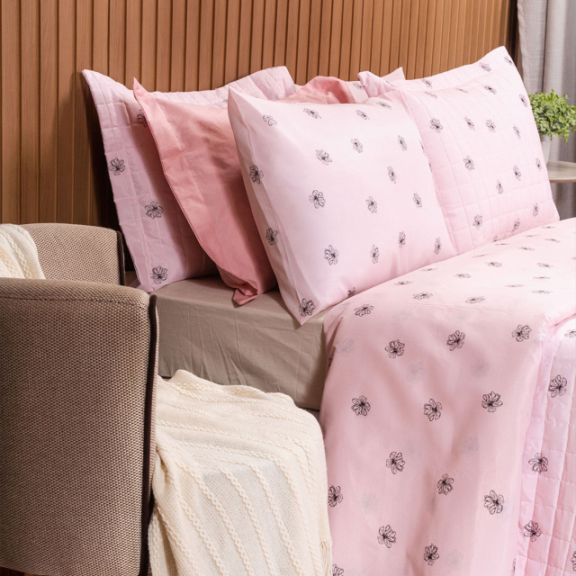 Cobre Leito Percal 150 Fios Algodão Casal Padrão 3 Peças Coleção Essencialle Flor de Hibísco - Marina