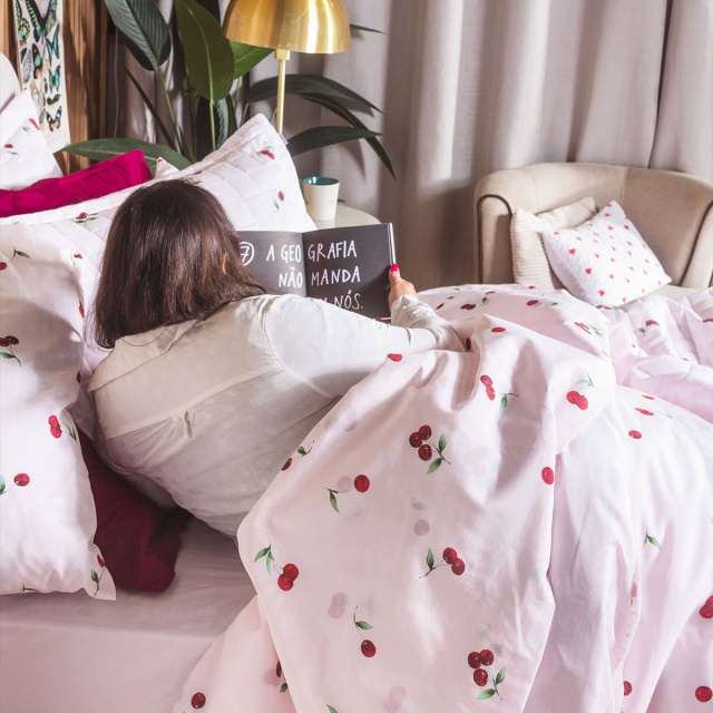 Cobre Leito Percal 150 Fios Algodão Queen 3 Peças Coleção Essencialle Cereja Rosa - Marina