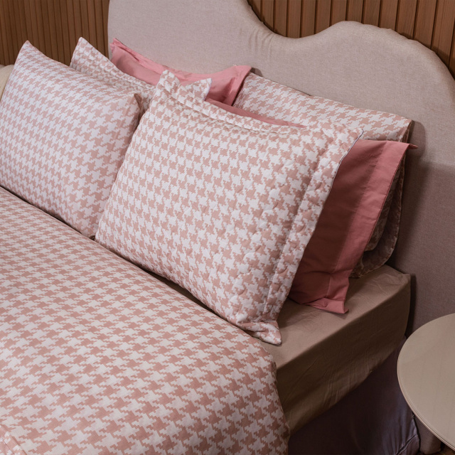 Cobre Leito Percal 150 Fios Algodão Solteiro 2 Peças Coleção Essencialle Xadrez Pied de poule rosê - Marina