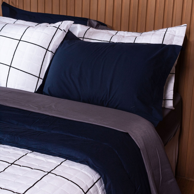 Coordenado 3 Peças King Percal 200 Fios 100% Algodão (Capa Duvet + Fronha) TLJ Estampado Grid - Marina