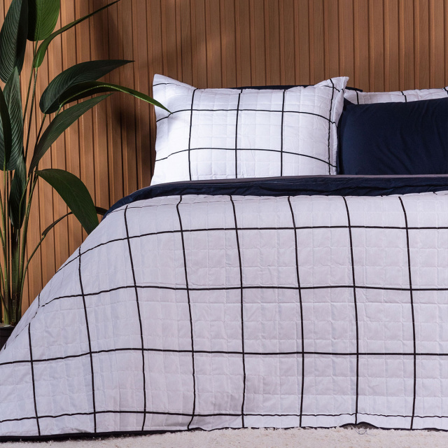 Coordenado 3 Peças King Percal 200 Fios 100% Algodão (Capa Duvet + Fronha) TLJ Estampado Grid - Marina