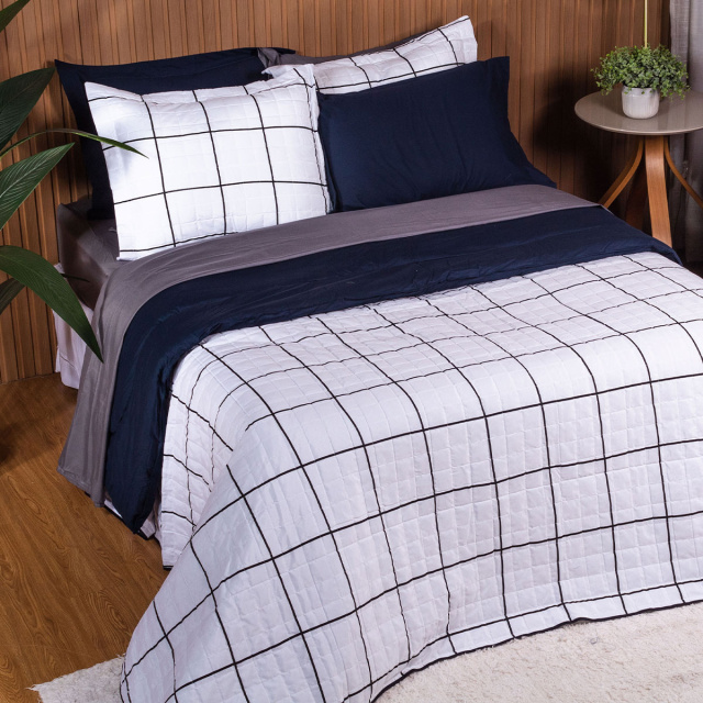 Coordenado 3 Peças King Percal 200 Fios 100% Algodão (Capa Duvet + Fronha) TLJ Estampado Grid - Marina