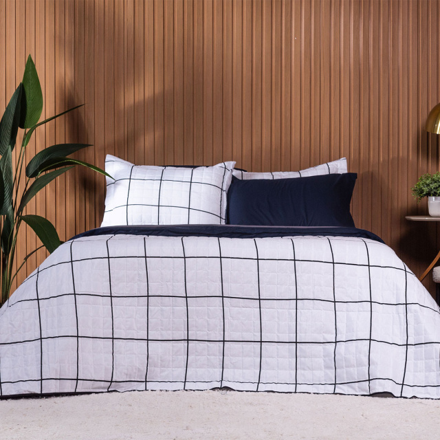 Coordenado 3 Peças King Percal 200 Fios 100% Algodão (Capa Duvet + Fronha) TLJ Estampado Grid - Marina