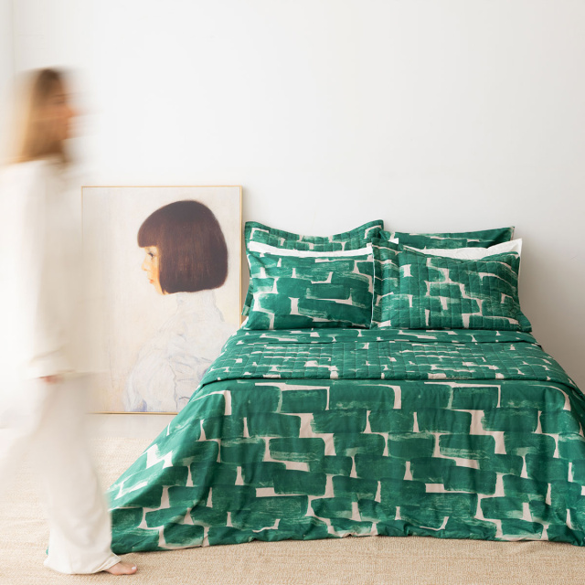 Coordenado 6 Peças Casal Padrão 200 Fios (Cobre Leito + Jogo de lençol) Jazz Estampado Verde Conceito - Marina