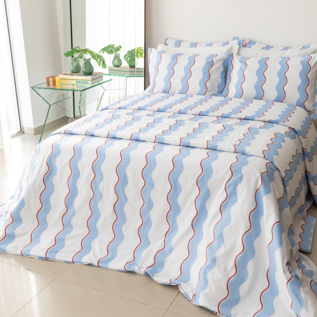 Coordenado 6 Peças King Percal 200 Fios 100% Algodão (Cobre Leito + Jogo de lençol) Percalle Wave Blue