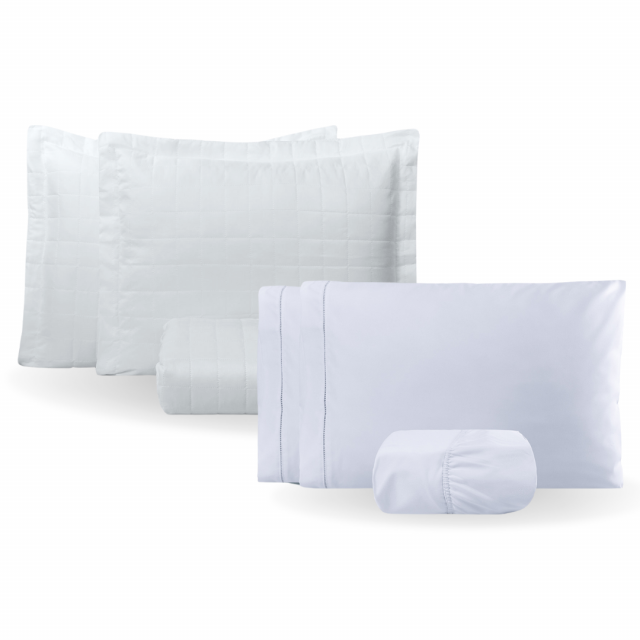 Coordenado 6 Peças Ponto Palito Percal 200 Fios Queen (Cobre Leito + Jogo de Lençol) Branco/Branco - Marina