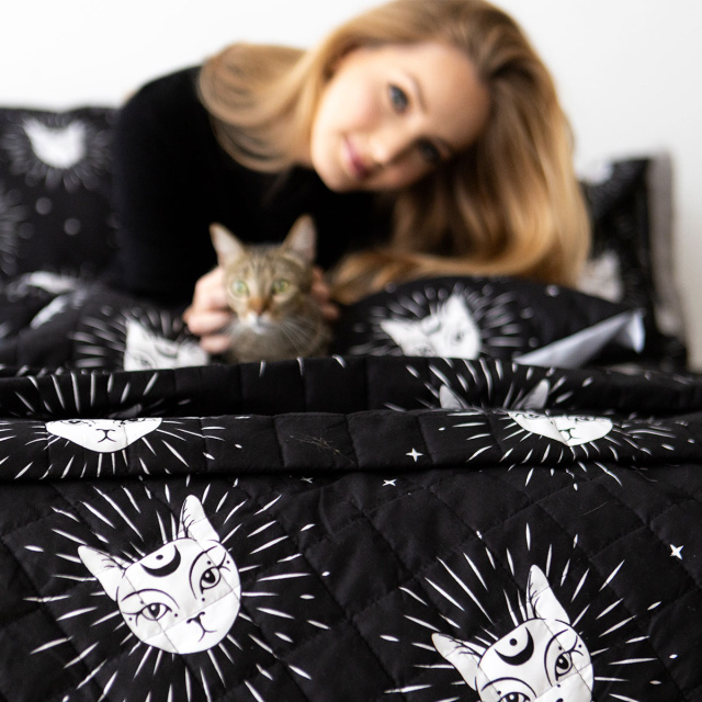 Coordenado 6 Peças Queen 200 Fios (Cobre Leito + Jogo de lençol) Jazz Estampado Gato Místico - Marina