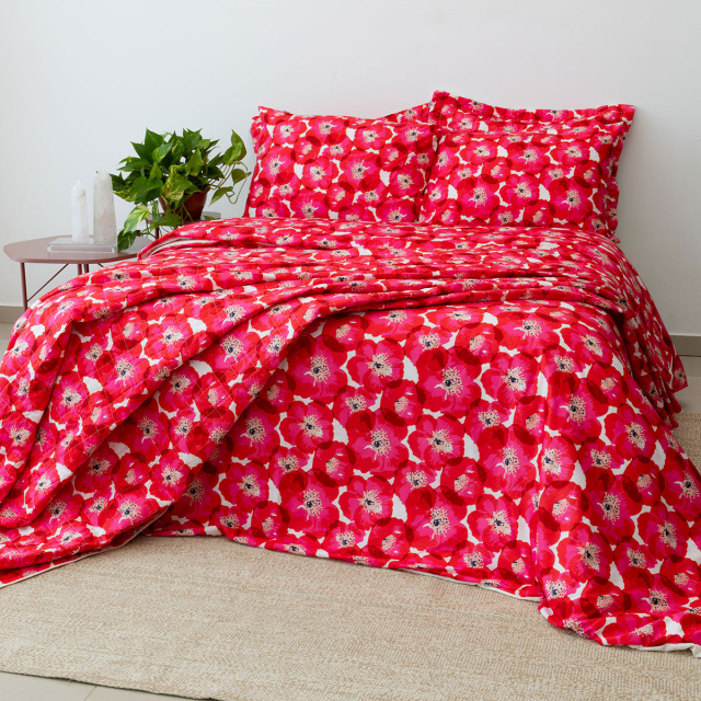 Coordenado 6 Peças Queen 200 Fios (Cobre Leito + Jogo de lençol) Jazz Estampado Maxi Floral Pink - Marina