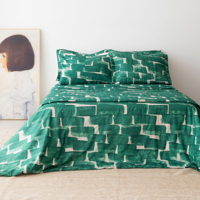 Coordenado 6 Peças Queen 200 Fios (Cobre Leito + Jogo de lençol) Jazz Estampado Verde Conceito - Marina