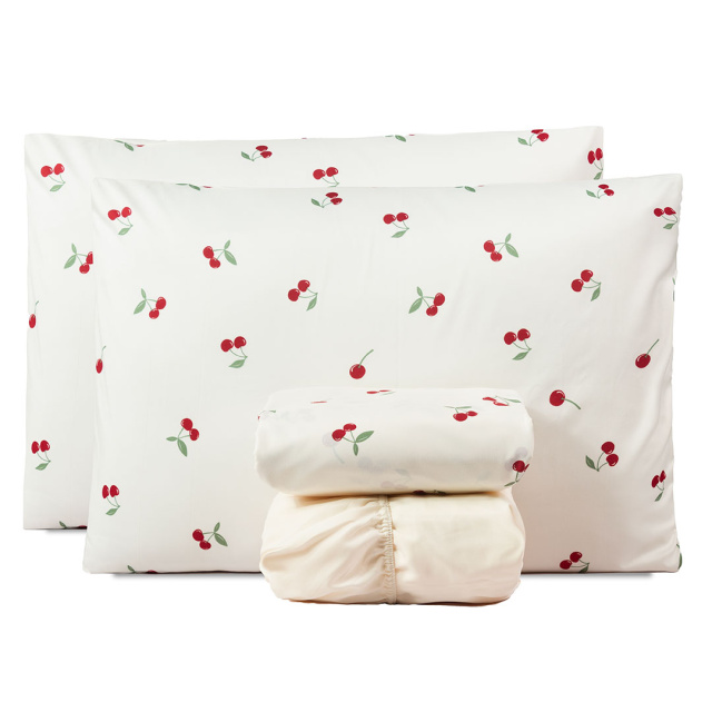 Coordenado 7 Peças Casal Padrão 200 Fios (Cobre Leito + Jogo de lençol) Jazz Estampado Cereja Off White - Marina