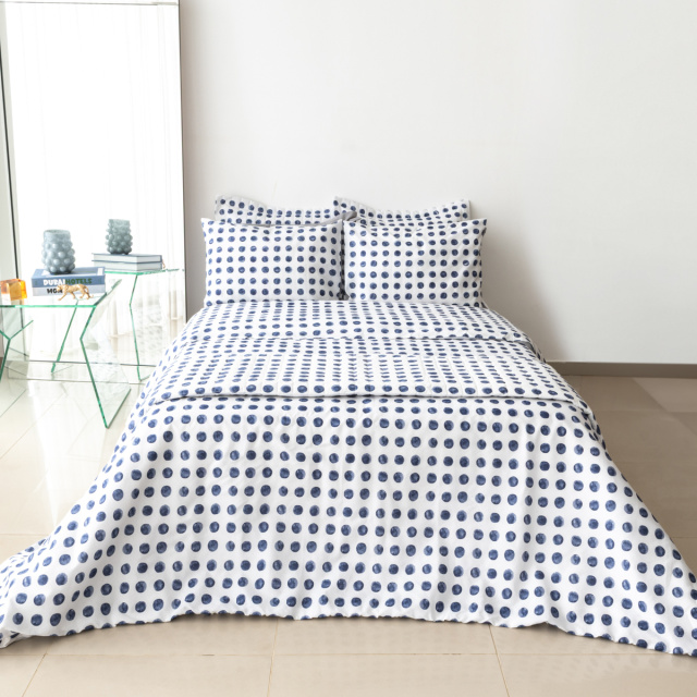 Coordenado 7 Peças Casal Padrão (Cobre Leito + Jogo de lençol) Percal 150 Fios Algodão Essencialle Dotz Azul - Marina