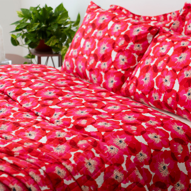 Coordenado 7 Peças Queen 200 Fios (Cobre Leito + Jogo de lençol) Jazz Estampado Maxi Floral Pink - Marina