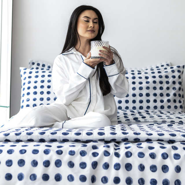 Coordenado 7 Peças Queen (Cobre Leito + Jogo de lençol) Percal 150 Fios Algodão Essencialle Dotz Azul - Marina