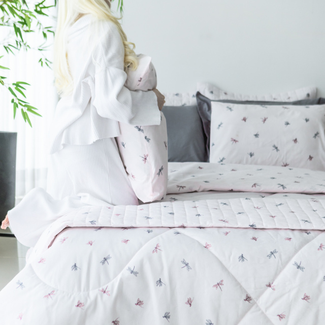 Coordenado 8 Peças Completo Casal Padrão Percal 180 Fios Algodão Coleção Classic Libélula - Marina