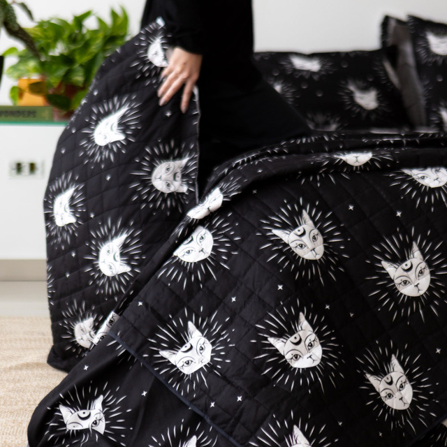 Edredom King 200 Fios Dupla Face (Capa Duvet + Refil) Jazz Estampado Gato Místico - Marina