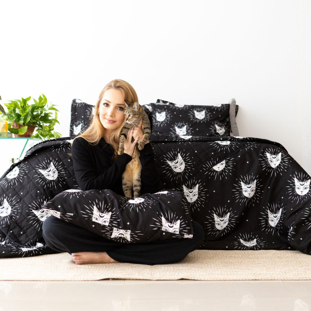 Edredom Solteiro 200 Fios Dupla Face (Capa Duvet + Refil) Jazz Estampado Gato Místico - Marina