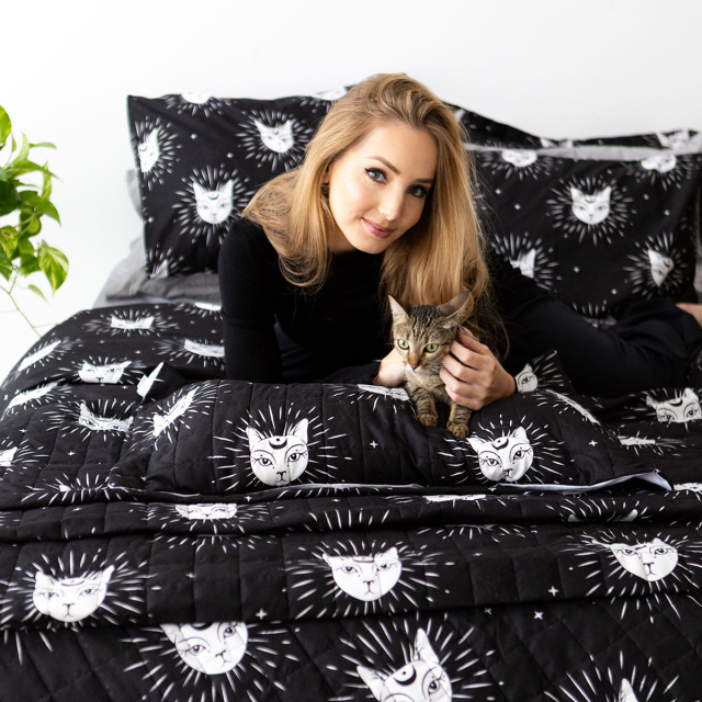 Jogo de lençol 200 Fios Casal Padrão 4 peças Jazz Estampado Gato Místico - Marina