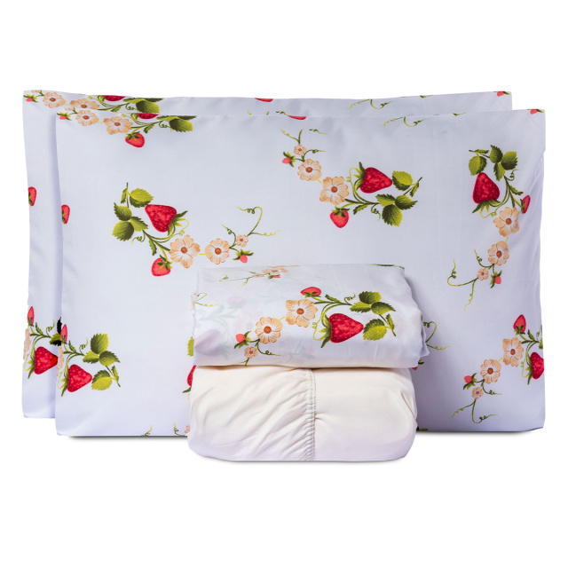 Jogo de lençol 200 Fios King 4 peças Jazz Estampado Flor de Morango - Marina