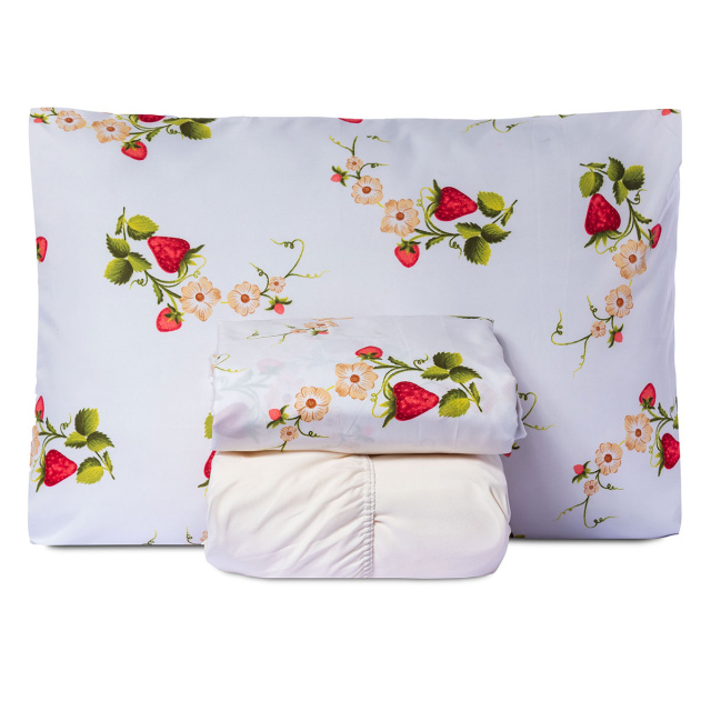 Jogo de lençol 200 Fios Solteiro 3 peças Jazz Estampado Flor de Morango - Marina