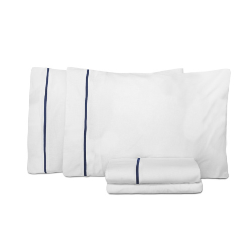 Jogo de lençol King 4 peças 100% algodão Versatile Branco/Azul Marinho