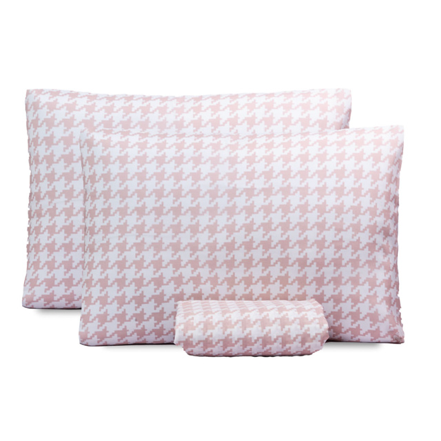 Jogo de Lençol Percal 150 Fios Algodão King 3 Peças com elástico Coleção Essencialle Xadrez Pied de poule rosê - Marina