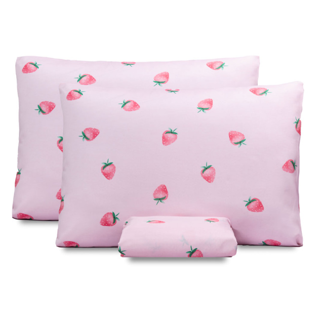 Jogo de Lençol Percal 150 Fios Algodão Queen 3 Peças com elástico Coleção Essencialle Moranguinho - Marina