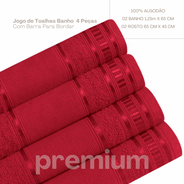 Jogo De Toalha De Banho 4 Peças Linha Premium Vermelho Veludo