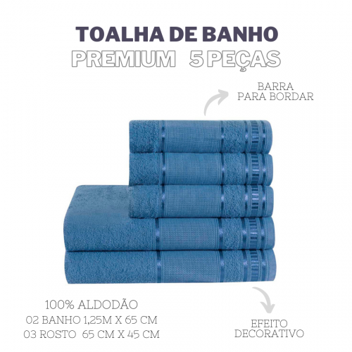 Jogo De Toalha De Banho 5 Peças Linha Premium Azul Jeans
