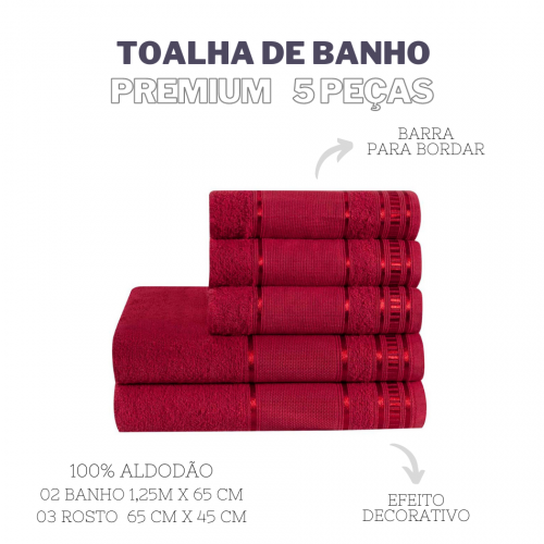 Jogo De Toalha De Banho 5 Peças Linha Premium Vermelho Real