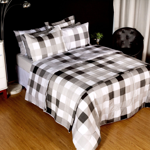 Cobre Leito Percal 180 Fios Algodão King 3 Peças Coleção Classic Xadrez Preto - Marina