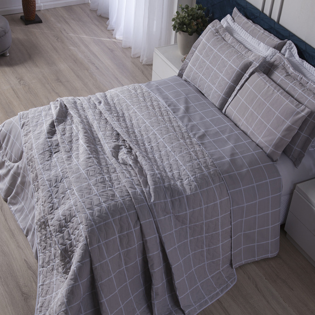 Coordenado Completo 8 Peças Queen Percal 180 Fios Algodão Classic Grid Cinza - Marina