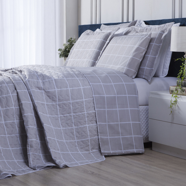 Coordenado Completo 8 Peças Queen Percal 180 Fios Algodão Classic Grid Cinza - Marina