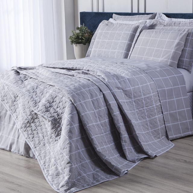 Coordenado Completo 8 Peças Queen Percal 180 Fios Algodão Classic Grid Cinza - Marina